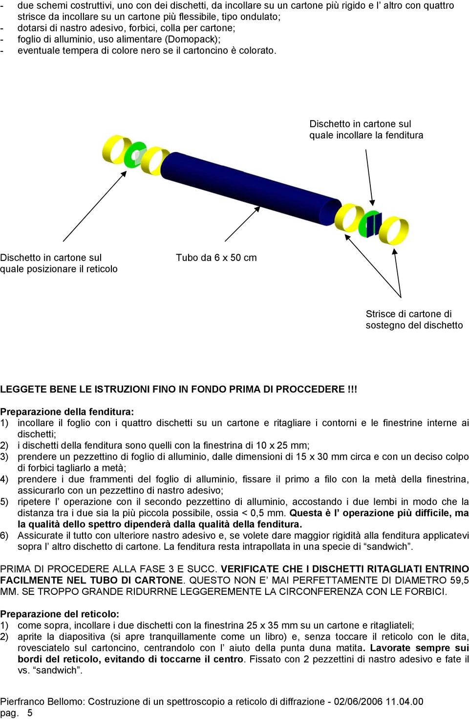 Dischetto in cartone sul quale incollare la fenditura Dischetto in cartone sul quale posizionare il reticolo Tubo da 6 x 50 cm Strisce di cartone di sostegno del dischetto LEGGETE BENE LE ISTRUZIONI