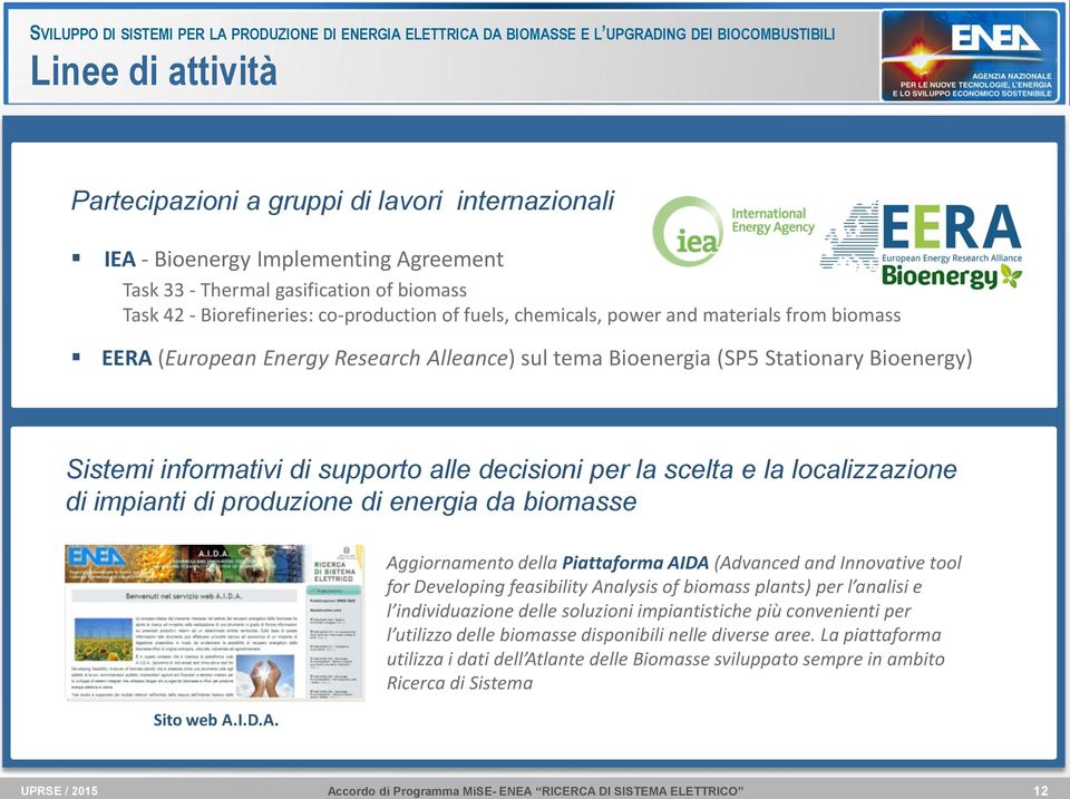 sul tema Bioenergia (SP5 Stationary Bioenergy) Sistemi informativi di supporto alle decisioni per la scelta e la localizzazione di impianti di produzione di energia da biomasse Sito web A.