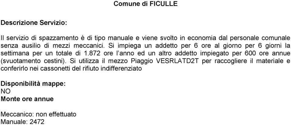 872 ore l anno ed un altro addetto impiegato per 600 ore annue (svuotamento cestini).