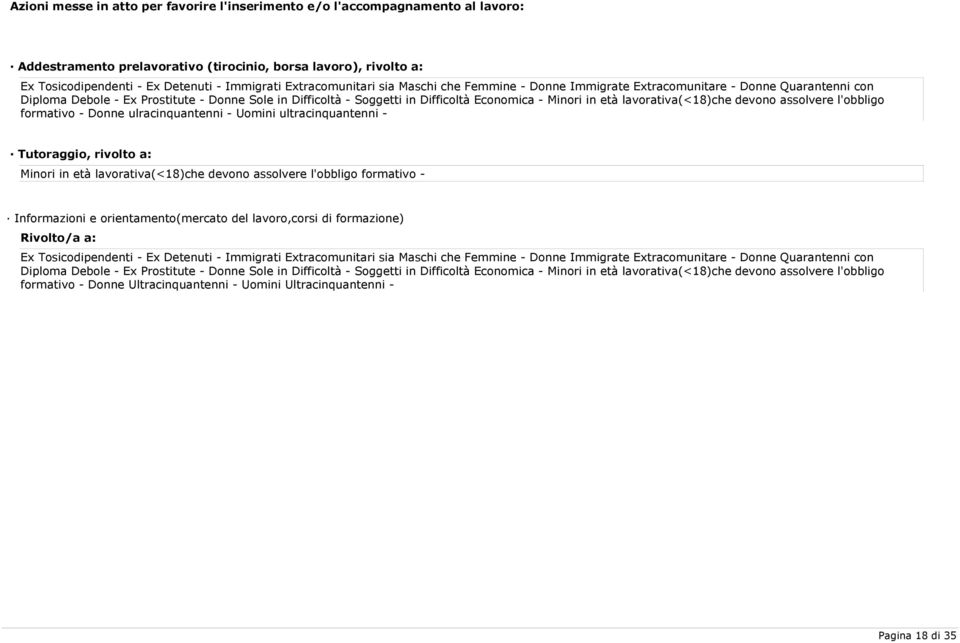 Minori in età lavorativa(<18)che devono assolvere l'obbligo formativo - Informazioni e orientamento(mercato del lavoro,corsi di formazione) Rivolto/a a: Diploma Debole - Ex Prostitute - Donne