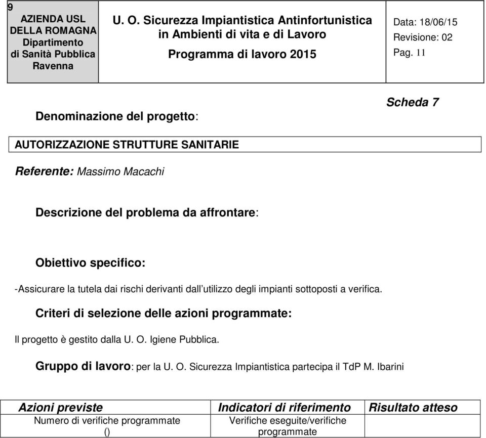 Criteri di selezione delle azioni : Il progetto è gestito dalla U. O. Igiene Pubblica.