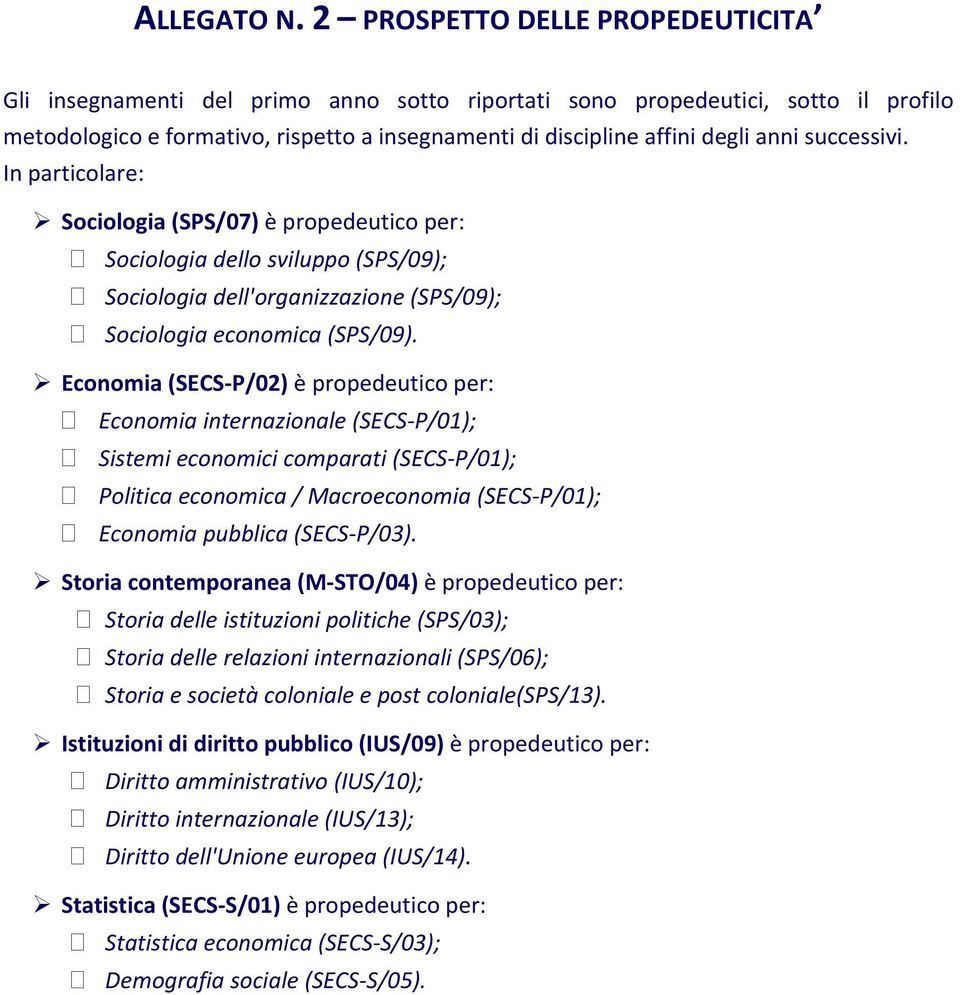 successivi. In particolare: Sociologia (SPS/07) è propedeutico per: Sociologia dello sviluppo (SPS/09); Sociologia dell'organizzazione (SPS/09); Sociologia economica (SPS/09).