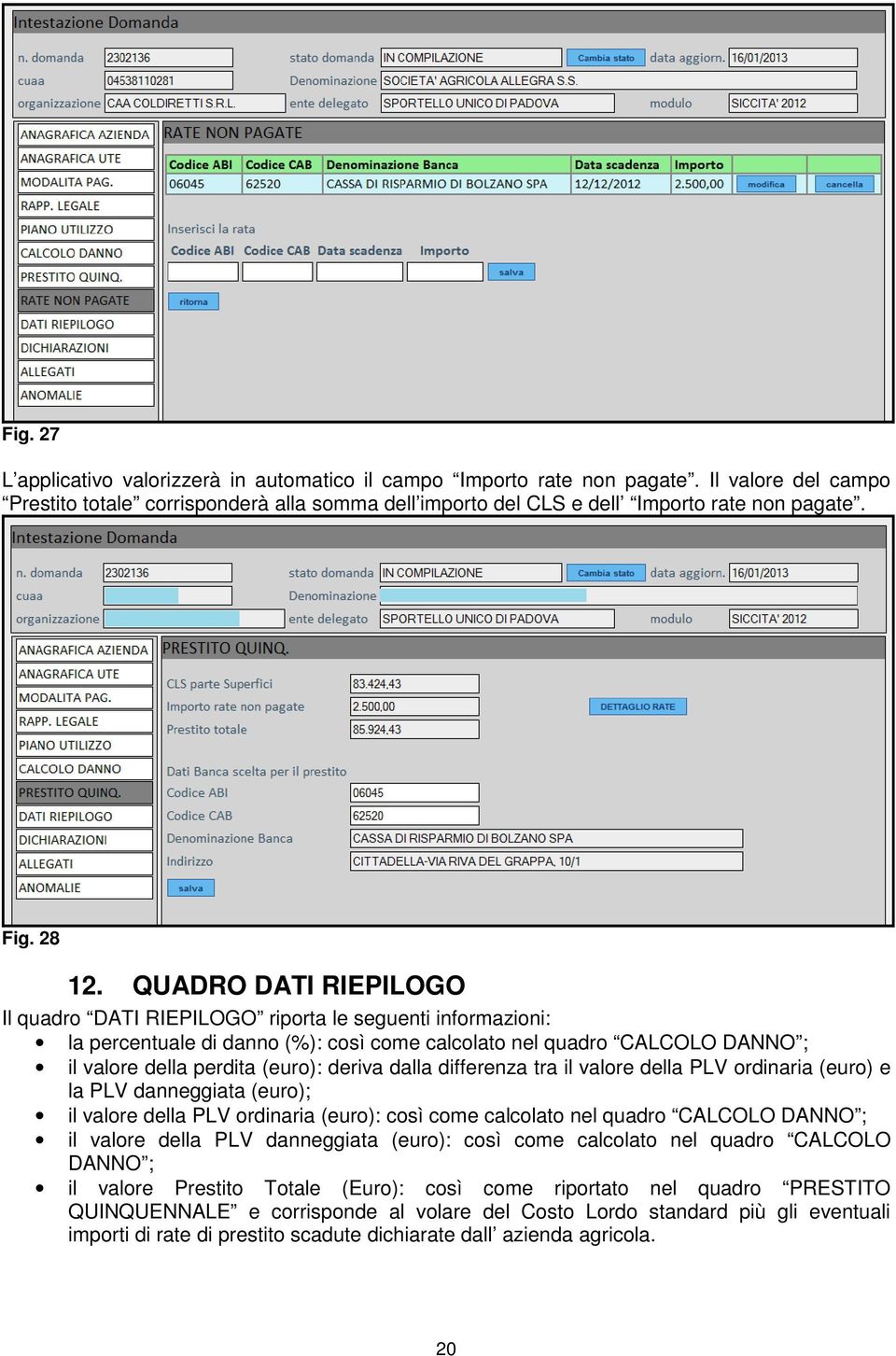 QUADRO DATI RIEPILOGO Il quadro DATI RIEPILOGO riporta le seguenti informazioni: la percentuale di danno (%): così come calcolato nel quadro CALCOLO DANNO ; il valore della perdita (euro): deriva