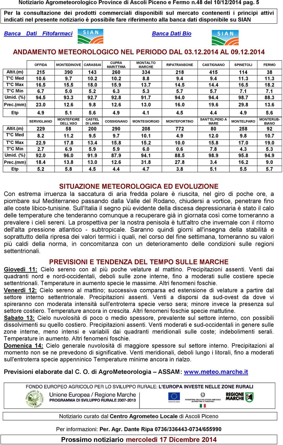 Banca Dati Fitofarmaci Banca Dati Bio ANDAMENTO METEOROLOGICO NEL PERIODO DAL 03.12.
