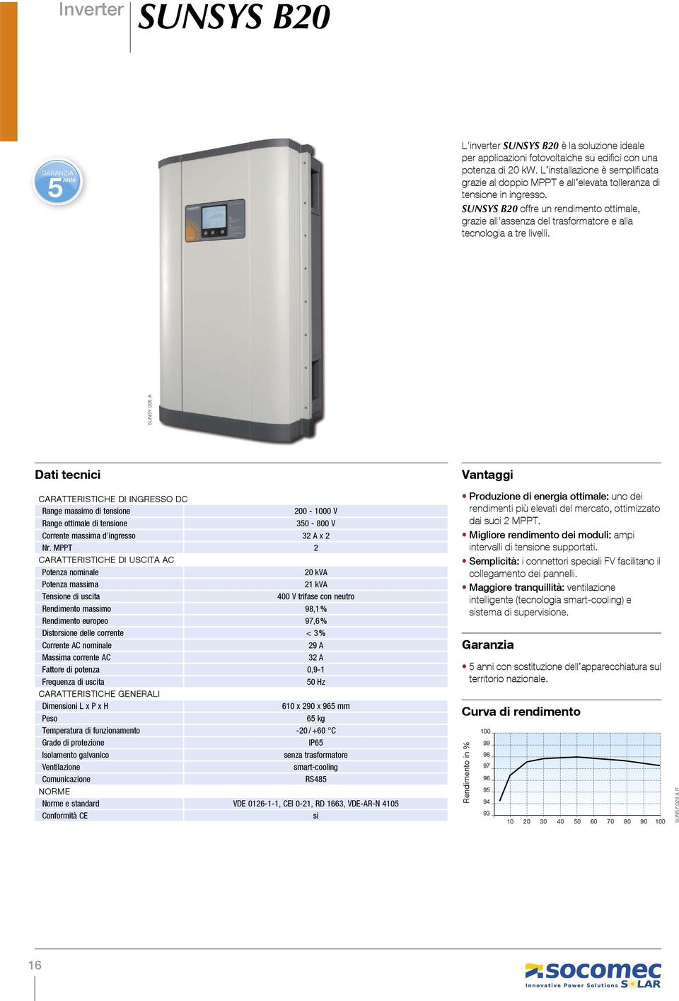 SUNSYS B20 offre un rendimento ottimale, grazie all'assenza del trasformatore e alla tecnologia a tre livelli.