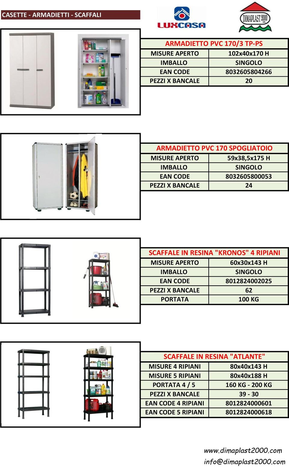 EAN CODE 8012824002025 PEZZI X BANCALE 62 PORTATA 100 KG SCAFFALE IN RESINA "ATLANTE" MISURE 4 RIPIANI 80x40x143 H MISURE 5