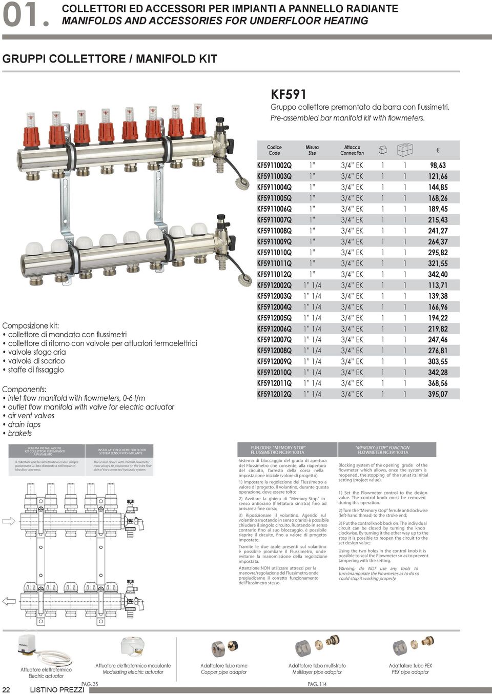 Composizione kit: collettore di mandata con flussimetri collettore di ritorno con valvole per attuatori termoelettrici valvole sfogo aria valvole di scarico staffe di fissaggio Components: inlet flow