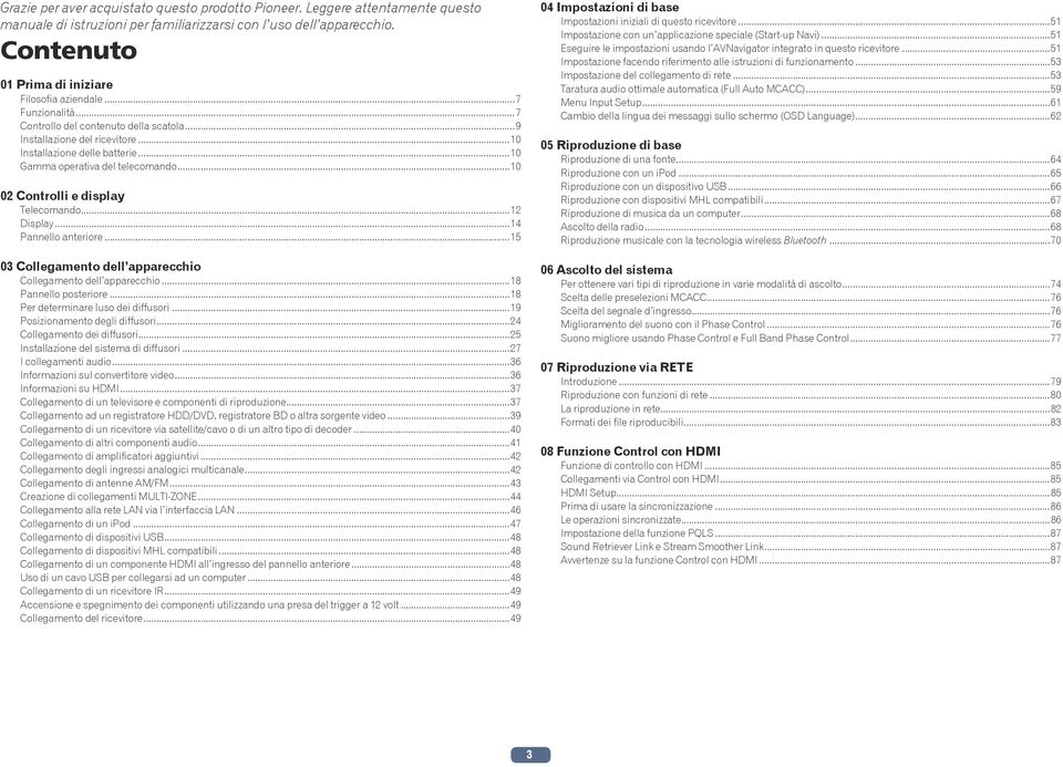 ..10 02 Controlli e display Telecomando...12 Display...14 Pannello anteriore...15 03 Collegamento dell apparecchio Collegamento dell apparecchio...18 Pannello posteriore.