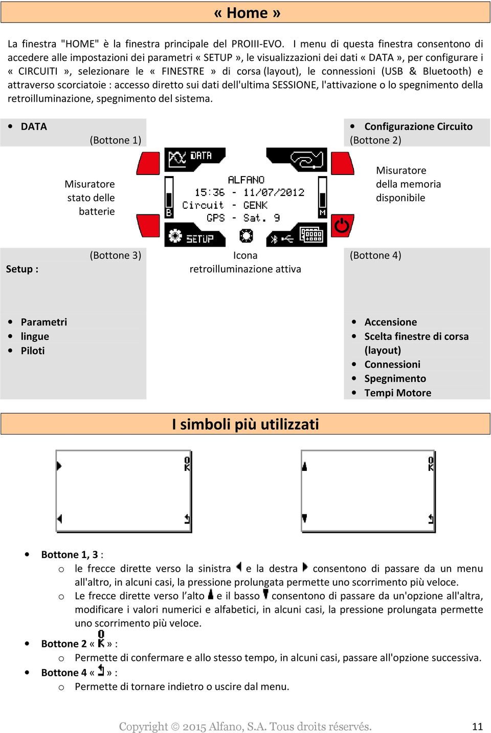 (layout), le connessioni (USB & Bluetooth) e attraverso scorciatoie : accesso diretto sui dati dell'ultima SESSIONE, l'attivazione o lo spegnimento della retroilluminazione, spegnimento del sistema.