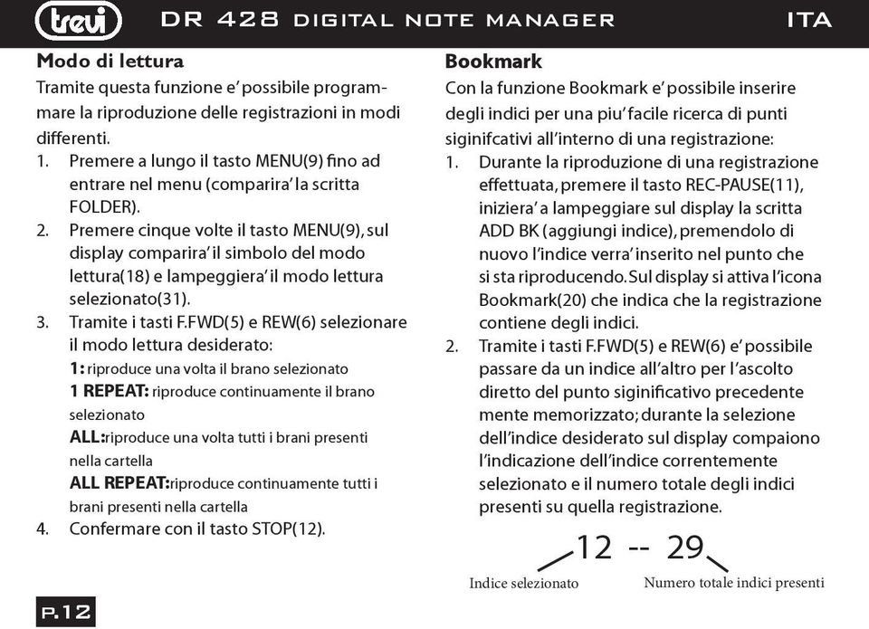 Premere cinque volte il tasto MENU(9), sul display comparira il simbolo del modo lettura(18) e lampeggiera il modo lettura selezionato(31). 3. Tramite i tasti F.