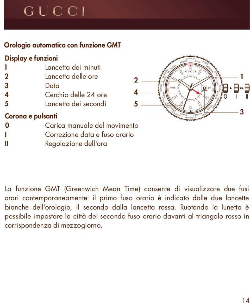 SAMOA LONDON 23 13 1 AUCKLAND ROME 2 10 ATHENS SYDNEY MOSCOW TOKYO HONG KONG DUBAI KARACHI BANKOK DACCA 1 3 La funzione GMT (Greenwich Mean Time) consente di visualizzare due fusi orari