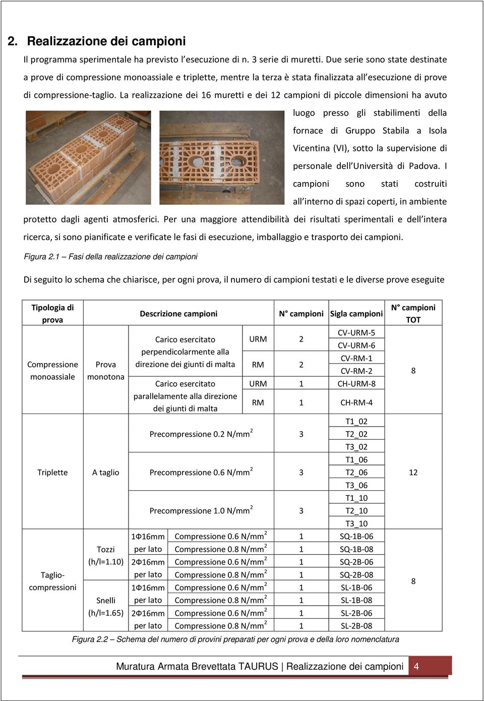 La realizzazione dei 16 muretti e dei 12 campioni di piccole dimensioni ha avuto luogo presso gli stabilimenti della fornace di Gruppo Stabila a Isola Vicentina (VI), sotto la supervisione di