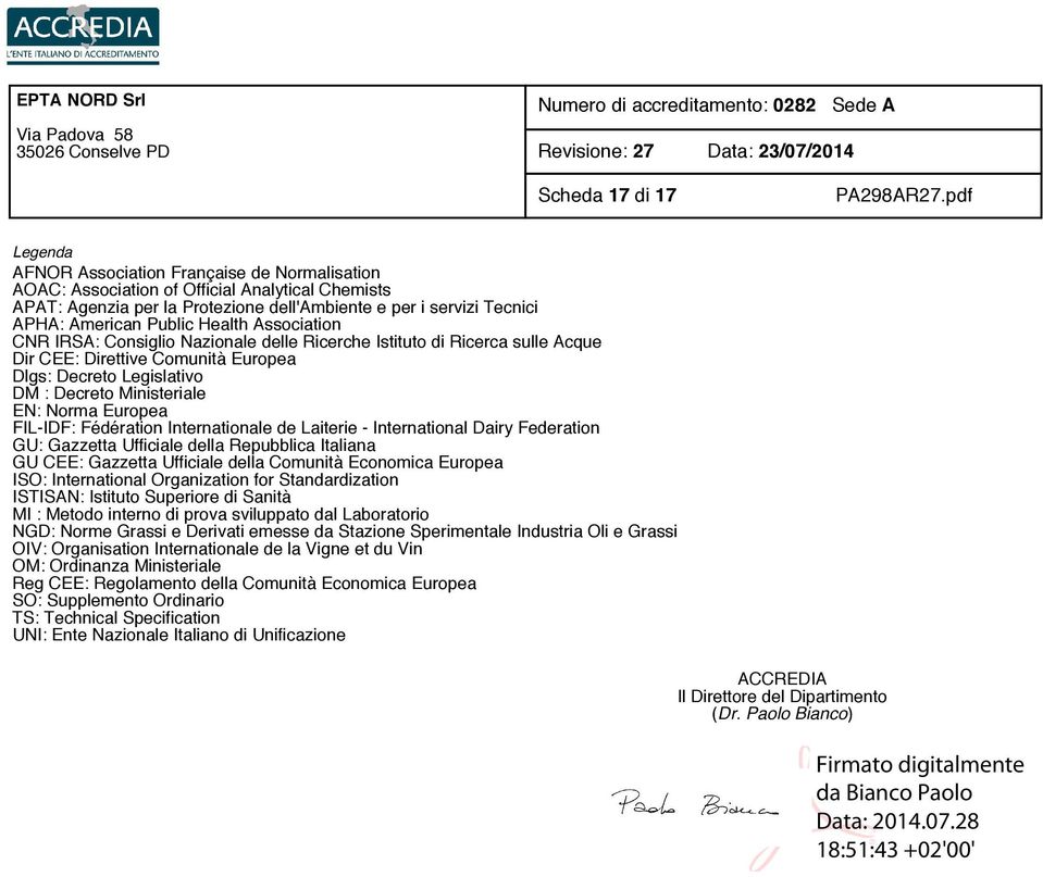 EN: Norma Europea FIL-IDF: Fédération Internationale de Laiterie - International Dairy Federation GU: Gazzetta Ufficiale della Repubblica Italiana GU CEE: Gazzetta Ufficiale della Comunità Economica