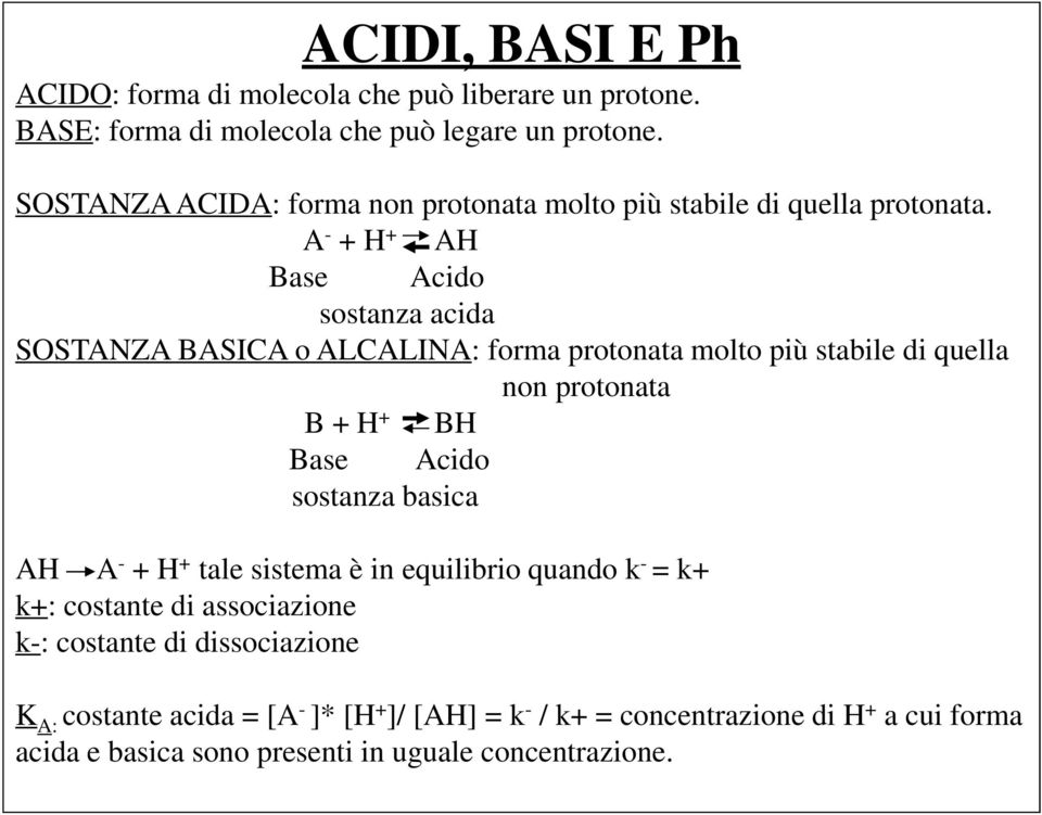 A - + H + AH Base Acido sostanza acida SOSTANZA BASICA o ALCALINA: forma protonata molto più stabile di quella non protonata B + H + BH Base Acido sostanza