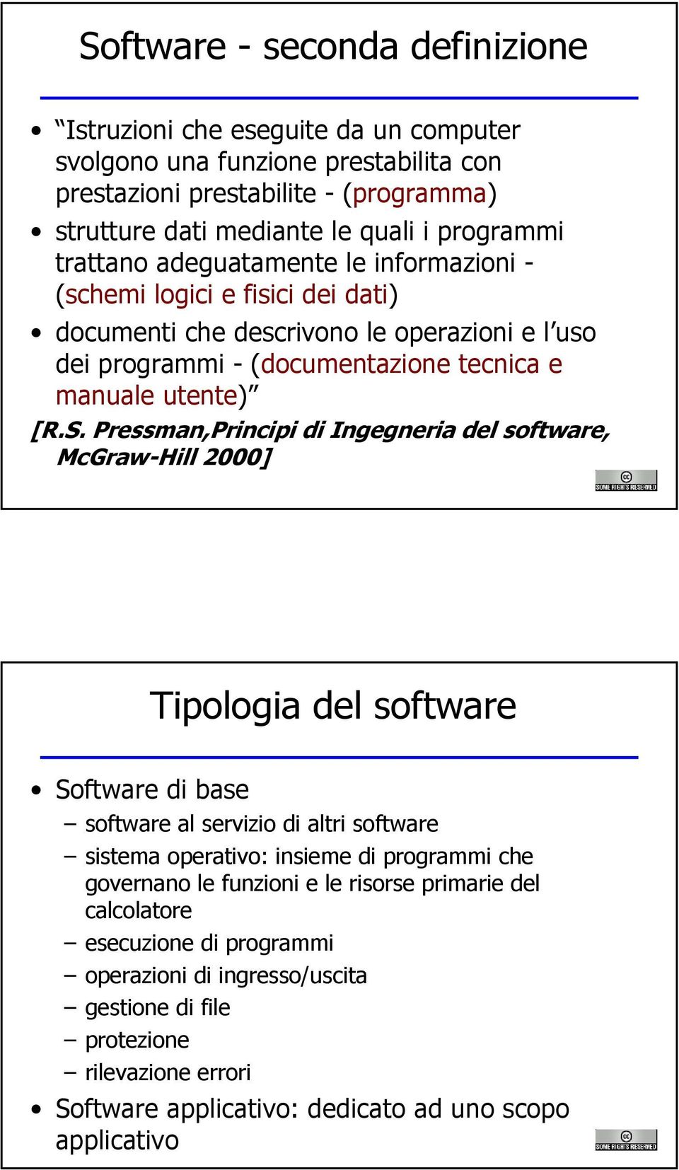 Pressman,Principi di Ingegneria del software, McGraw-Hill 2000] Tipologia del software Software di base software al servizio di altri software sistema operativo: insieme di programmi che