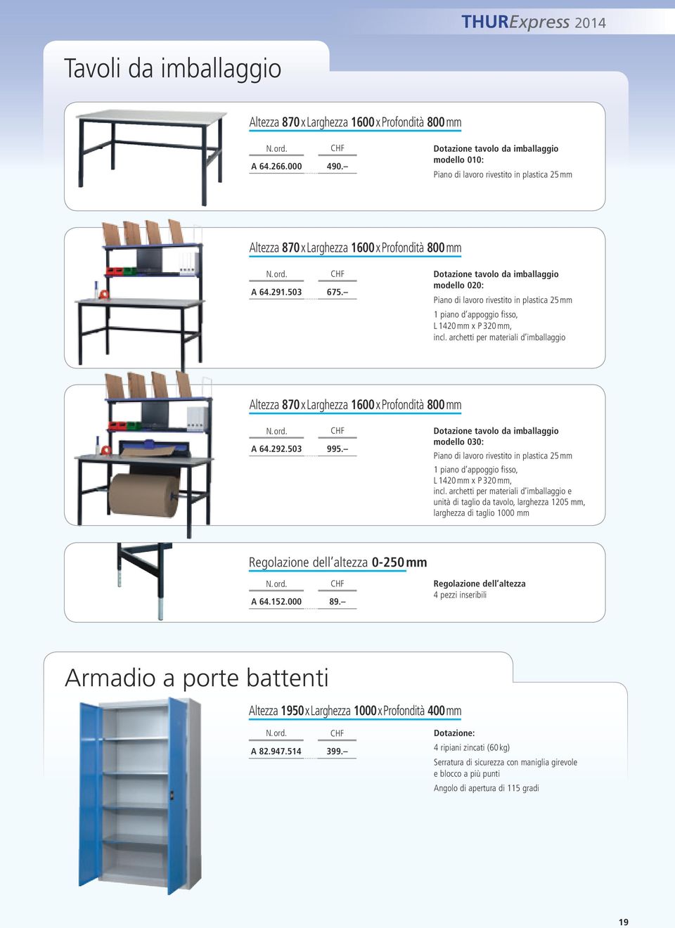 Dotazione tavolo da imballaggio modello 020: Piano di lavoro rivestito in plastica 25 mm 1 piano d appoggio fisso, L 1420 mm x P 320 mm, incl.