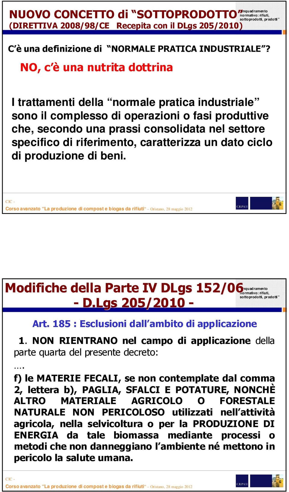 caratterizza un dato ciclo di produzione di beni. Modifiche della Parte IV DLgs 152/06 -D.Lgs 205/2010 - Art. 185 : Esclusioni dall ambito di applicazione 1.