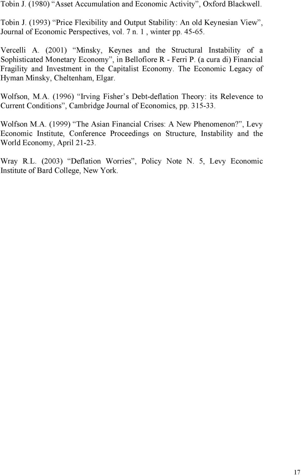 (a cura di) Financial Fragility and Investment in the Capitalist Economy. The Economic Legacy of Hyman Minsky, Cheltenham, Elgar. Wolfson, M.A.