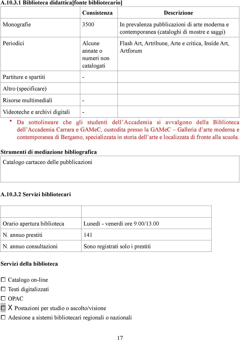 numeri non catalogati Flash Art, Artribune, Arte e critica, Inside Art, Artforum Partiture e spartiti - Altro (specificare) Risorse multimediali - Videoteche e archivi digitali - Da sottolineare che