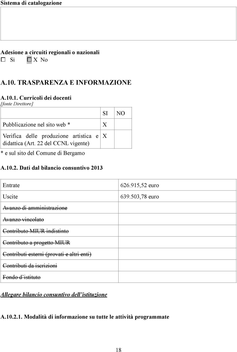 22 del CCNL vigente) * e sul sito del Comune di Bergamo SI NO A.10.2. Dati dal bilancio consuntivo 2013 Entrate Uscite 626.915,52 euro 639.