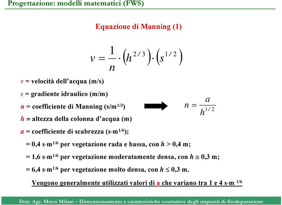 ) 0,4 s m 1/6 per vegetazione rada e bassa, con h > 0,4 m; 1,6 s m 1/6 per vegetazione moderatamente densa, con h 0,3 m; 6,4 s m