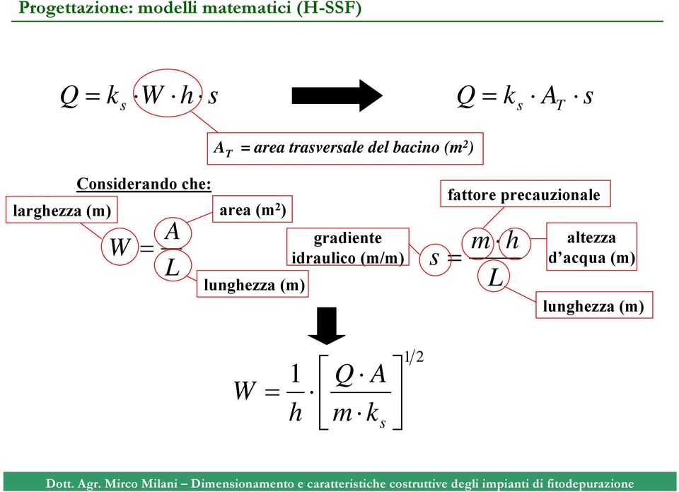 A L area (m 2 ) lunghezza (m) gradiente idraulico (m/m) s fattore