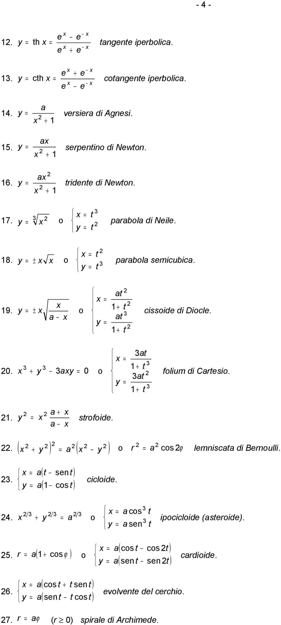 . y strofoide.. ( y ) ( y ) o r cos ϕ lemisct di Beroulli. 3. y ( t set ) ( cos t ) cicloide. 4. 3 3 3 y o y cos se 3 3 t t ipocicloide (steroide).