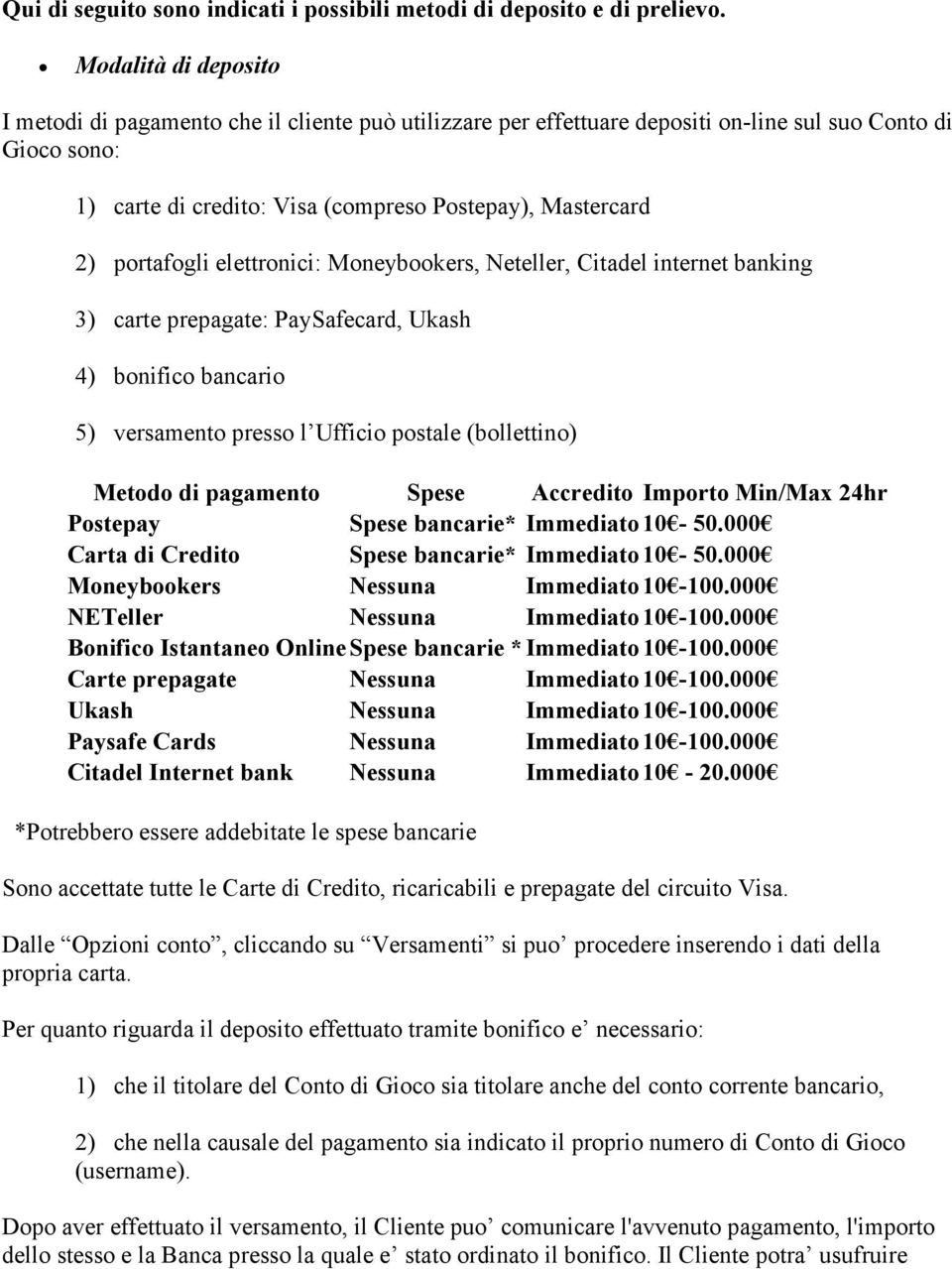 portafogli elettronici: Moneybookers, Neteller, Citadel internet banking 3) carte prepagate: PaySafecard, Ukash 4) bonifico bancario 5) versamento presso l Ufficio postale (bollettino) Metodo di