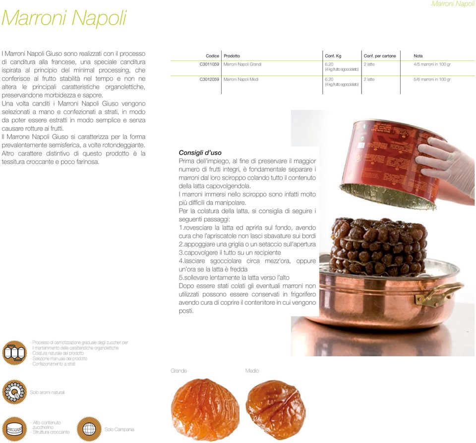 Una volta canditi i Marroni Napoli Giuso vengono selezionati a mano e confezionati a strati, in modo da poter essere estratti in modo semplice e senza causare rotture ai frutti.