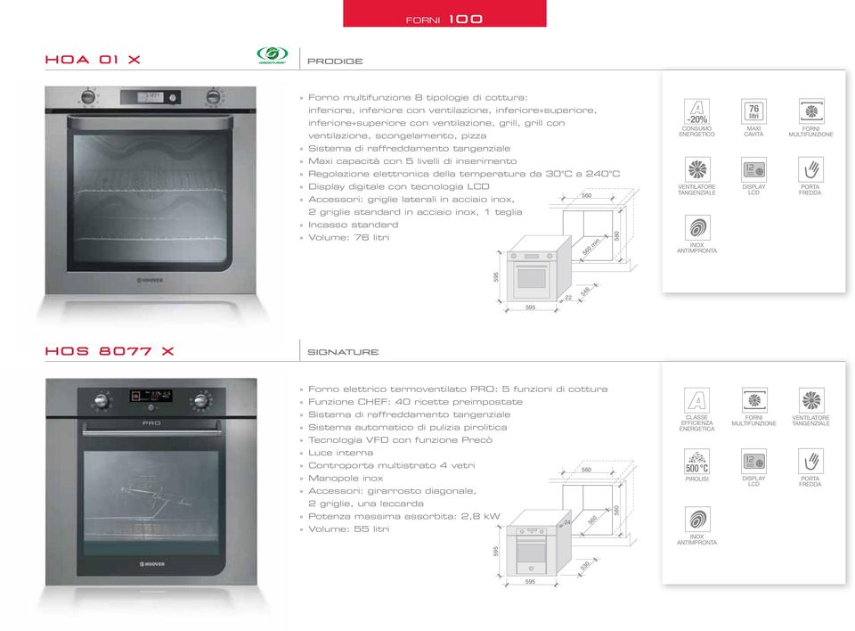 ino, 2 griglie standard in acciaio ino, teglia» Incasso standard» Volume: 76 litri min 580 % CONSUMO ENERGETICO 76 litri MXI CVITÀ 2 LCD FORNI MULTIFUNZIONE PORT FREDD 22 546 HOS 8077 X signature»