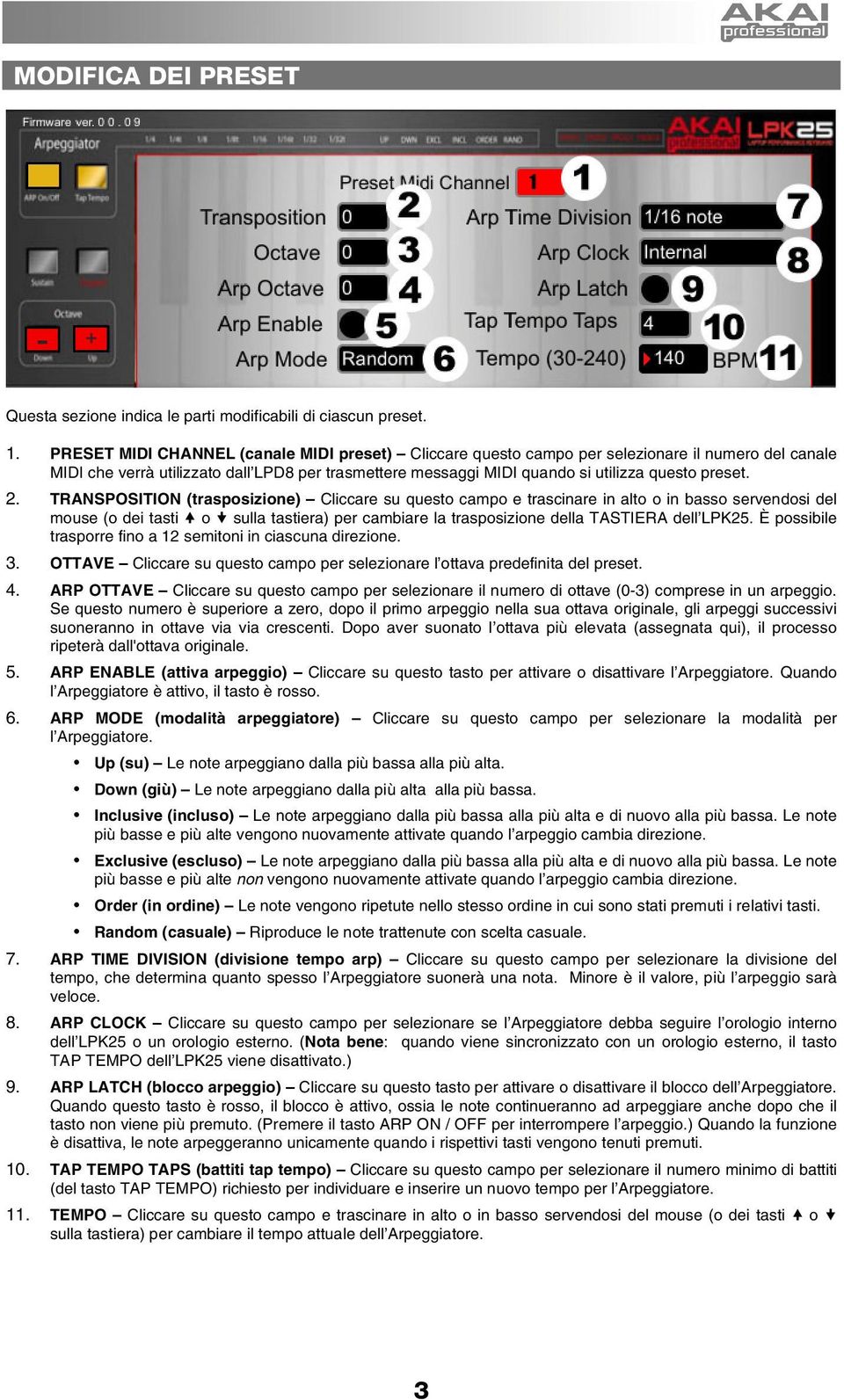 2. TRANSPOSITION (trasposizione) Cliccare su questo campo e trascinare in alto o in basso servendosi del mouse (o dei tasti o sulla tastiera) per cambiare la trasposizione della TASTIERA dell LPK25.