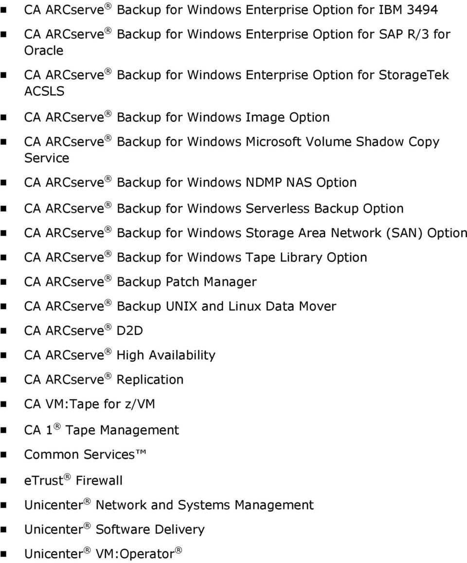 Serverless Backup Option CA ARCserve Backup for Windows Storage Area Network (SAN) Option CA ARCserve Backup for Windows Tape Library Option CA ARCserve Backup Patch Manager CA ARCserve Backup UNIX