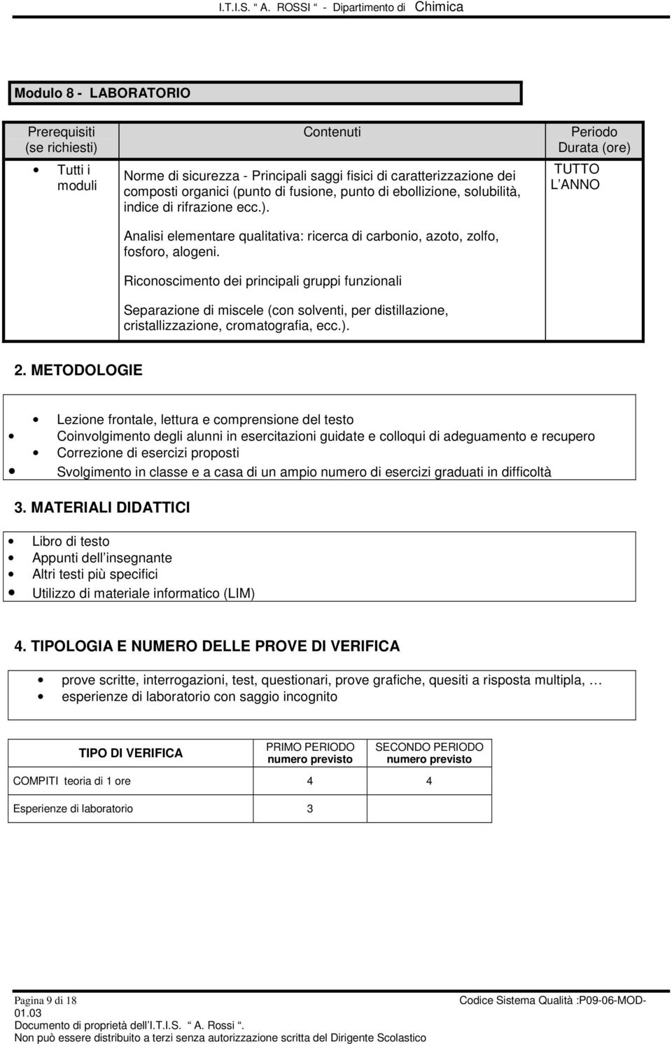 Riconoscimento dei principali gruppi funzionali Separazione di miscele (con solventi, per distillazione, cristallizzazione, cromatografia, ecc.). TUTTO L ANNO 2.