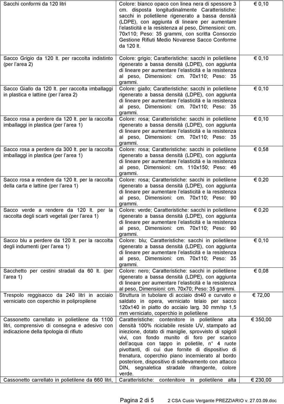 70x110; Peso: 35 grammi, con scritta Consorzio Gestione Rifiuti Medio Novarese Sacco Conforme da 120 lt. Sacco Grigio da 120 lt. per raccolta indistinto (per l area 2) Sacco Giallo da 120 lt.