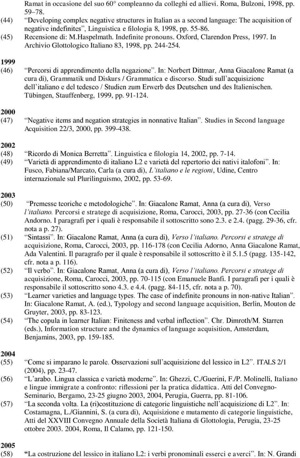 Indefinite pronouns. Oxford, Clarendon Press, 1997. In Archivio Glottologico Italiano 83, 1998, pp. 244-254. 1999 (46) Percorsi di apprendimento della negazione.