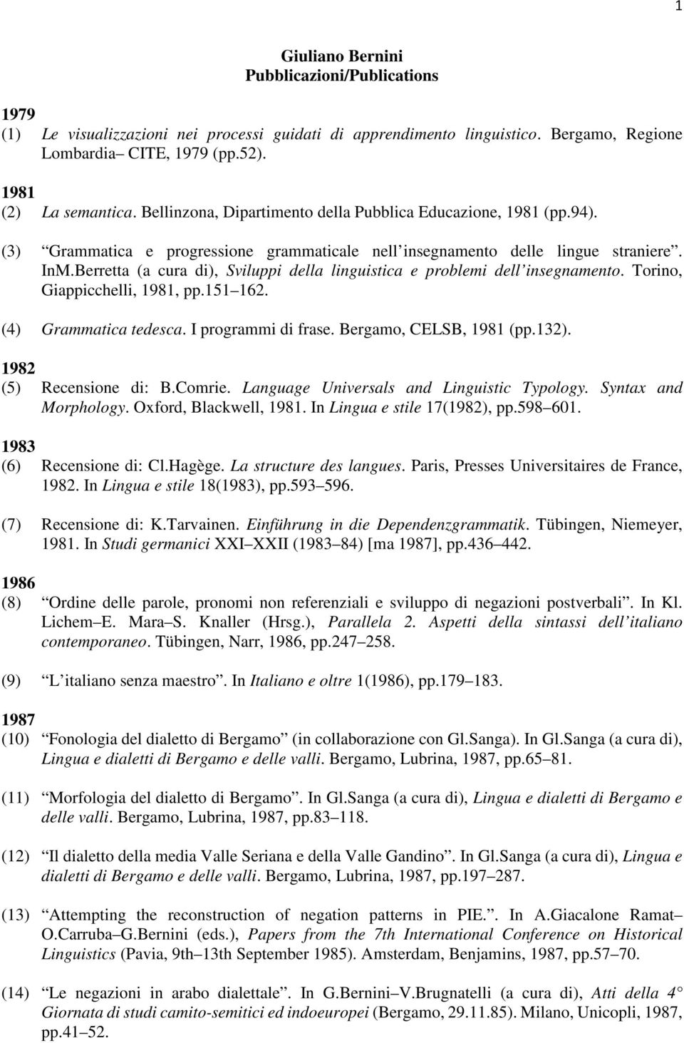 Berretta (a cura di), Sviluppi della linguistica e problemi dell insegnamento. Torino, Giappicchelli, 1981, pp.151 162. (4) Grammatica tedesca. I programmi di frase. Bergamo, CELSB, 1981 (pp.132).