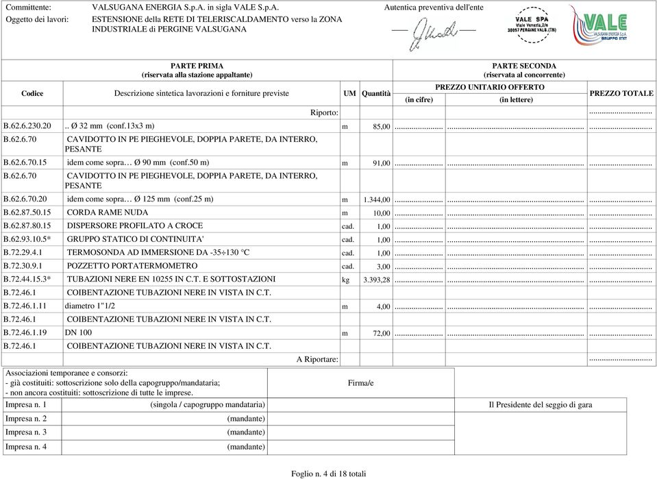 29.4.1 TERMOSONDA AD IMMERSIONE DA -35 130 C cad. 1,00......... B.72.30.9.1 POZZETTO PORTATERMOMETRO cad. 3,00......... B.72.44.15.3* TUBAZIONI NERE EN 10255 IN C.T. E SOTTOSTAZIONI kg 3.393,28......... B.72.46.