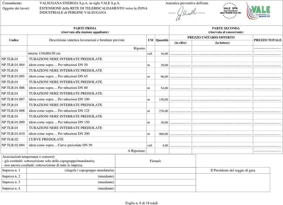 .. Per tubazioni DN 100 m 150,00......... NP.TLR.01 TUBAZIONI NERE INTERRATE PREISOLATE NP.TLR.01.008 idem come sopra... Per tubazioni DN 125 m 276,00......... NP.TLR.01 TUBAZIONI NERE INTERRATE PREISOLATE NP.TLR.01.009 idem come sopra.
