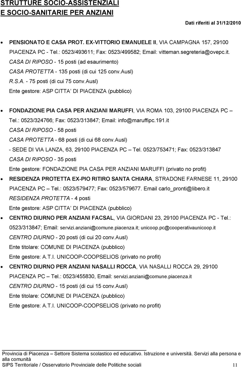 ausl) Ente gestore: ASP CITTA DI PIACENZA (pubblico) FONDAZIONE PIA CASA PER ANZIANI MARUFFI, VIA ROMA 103, 29100 PIACENZA PC Tel.: 0523/324766; Fax: 0523/313847; Email: info@maruffipc.191.