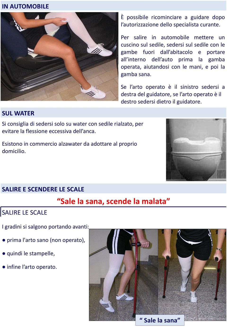 Per salire in automobile mettere un cuscino sul sedile, sedersi sul sedile con le gambe fuori dall abitacolo e portare all interno dell auto prima la gamba operata, aiutandosi con le mani, e poi la