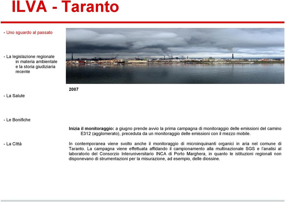 In contemporanea viene svolto anche il monitoraggio di microinquinanti organici in aria nel comune di Taranto.