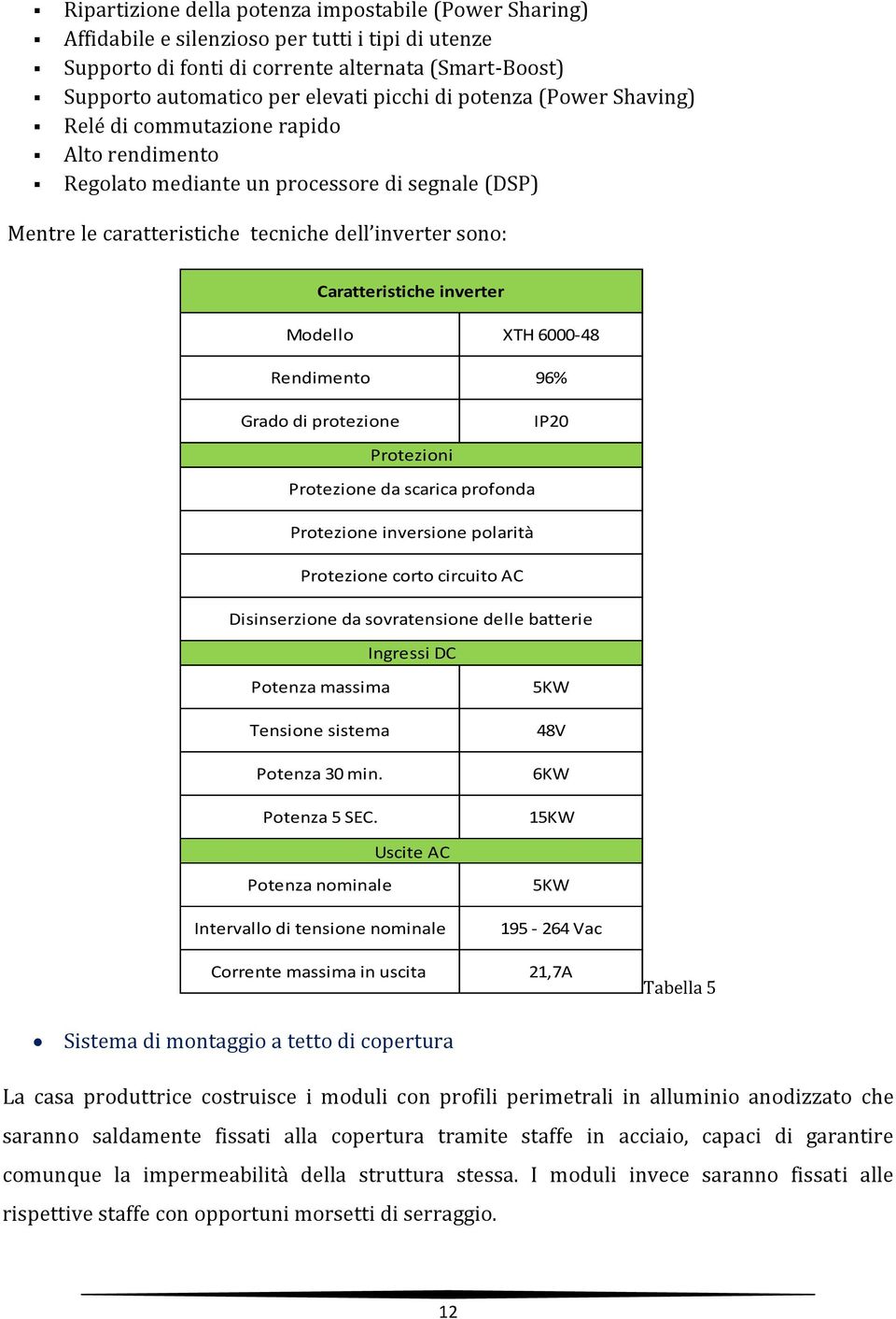 Modello XTH 6000-48 Rendimento 96% Grado di protezione IP20 Protezioni Protezione da scarica profonda Protezione inversione polarità Protezione corto circuito AC Disinserzione da sovratensione delle