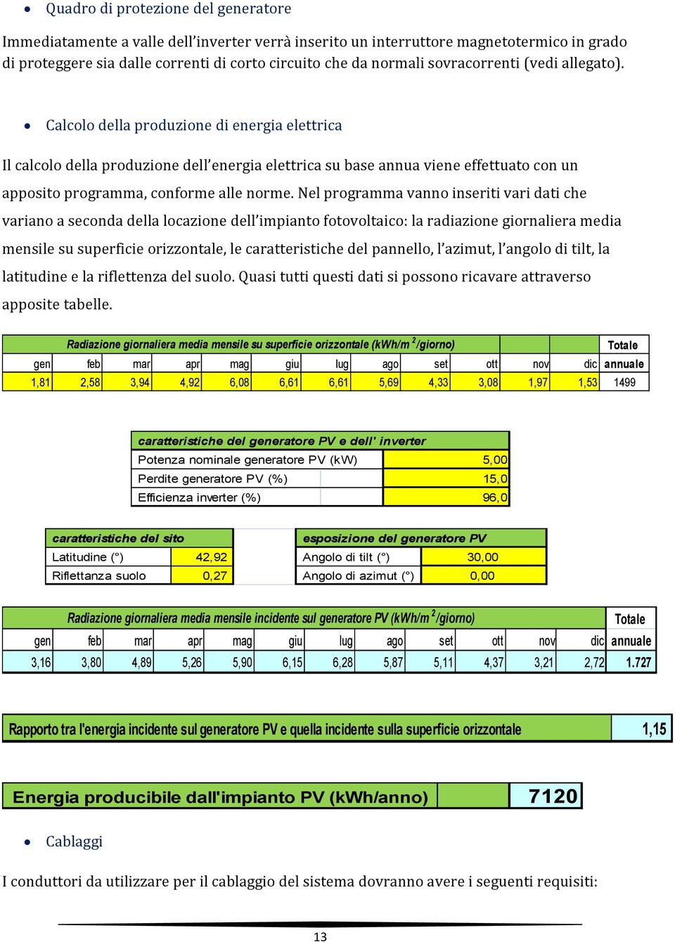 Calcolo della produzione di energia elettrica Il calcolo della produzione dell energia elettrica su base annua viene effettuato con un apposito programma, conforme alle norme.