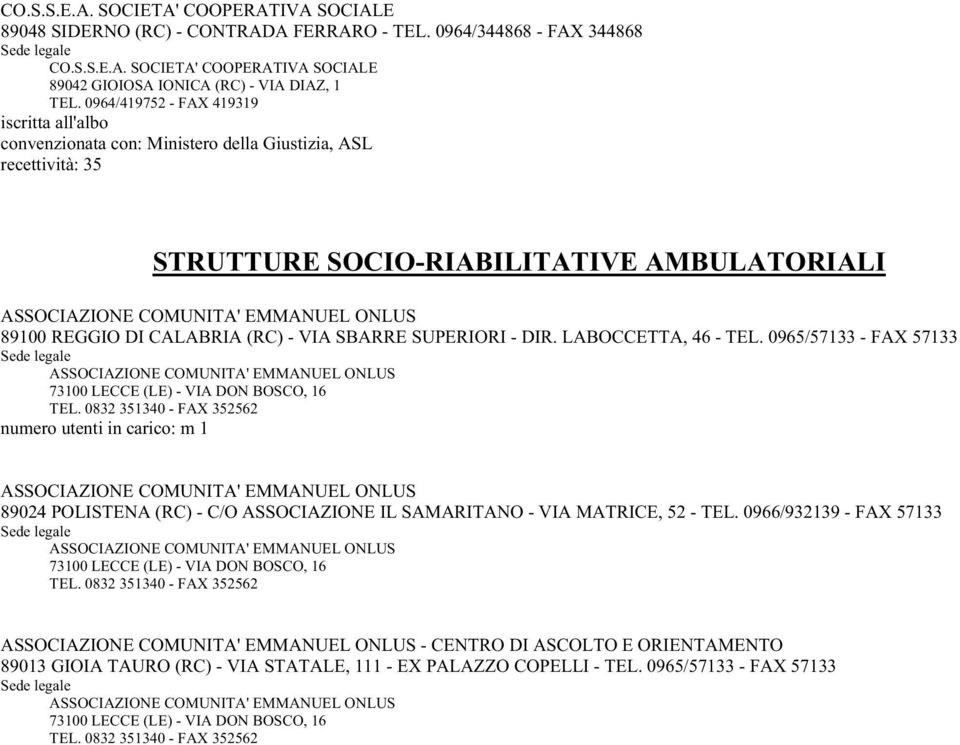 LABOCCETTA, 46 - TEL. 0965/57133 - FAX 57133 numero utenti in carico: m 1 89024 POLISTENA (RC) - C/O ASSOCIAZIONE IL SAMARITANO - VIA MATRICE, 52 - TEL.