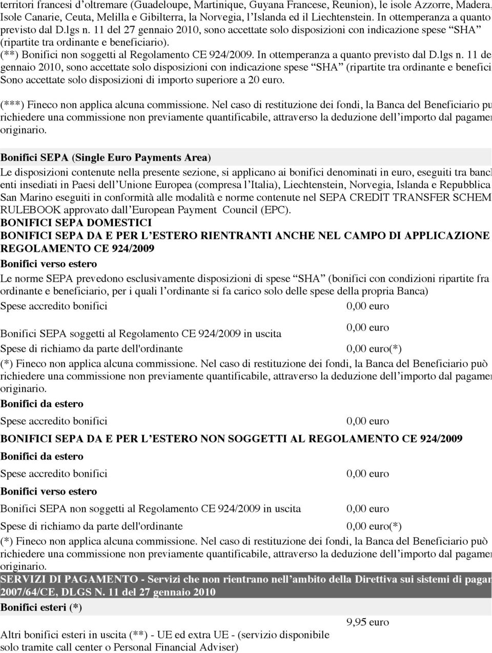 (**) Bonifici non soggetti al Regolamento CE 924/2009.  Sono accettate solo disposizioni di importo superiore a 20 euro. (***) Fineco non applica alcuna commissione.