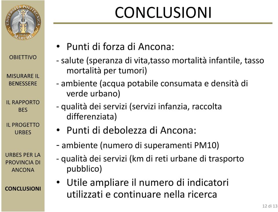 differenziata) Punti di debolezza di Ancona: - ambiente (numero di superamenti PM10) -qualità dei servizi (km di