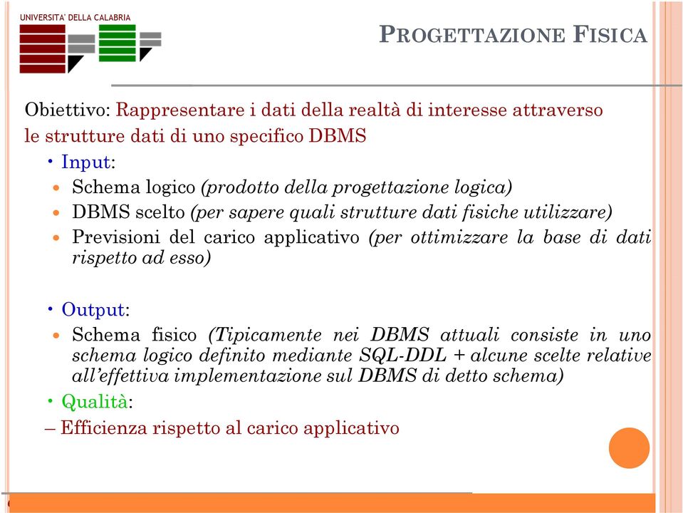 (per ottimizzare la base di dati rispetto ad esso) Output: Schema fisico (Tipicamente nei DBMS attuali consiste in uno schema logico definito