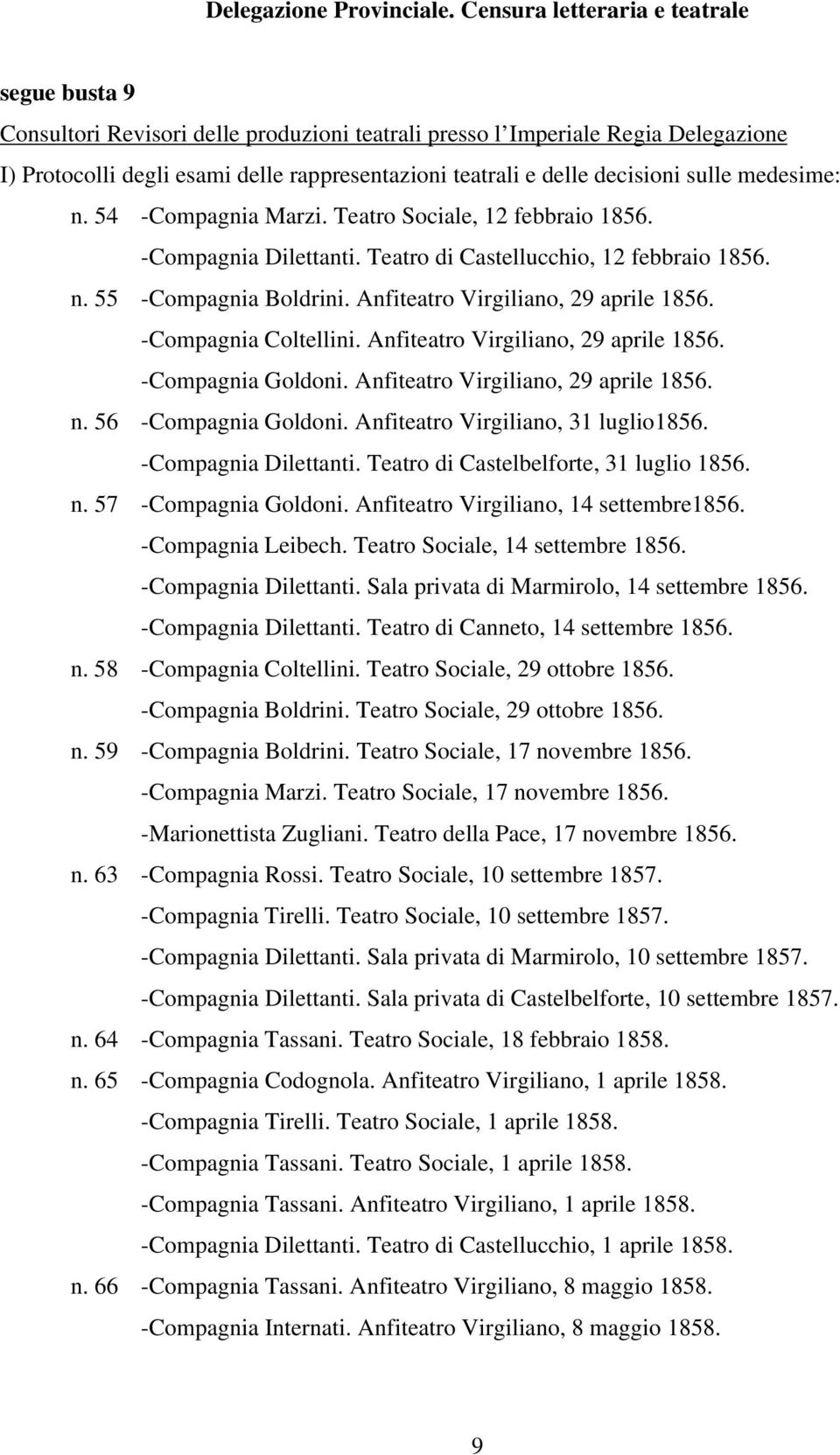 Anfiteatro Virgiliano, 31 luglio1856. -Compagnia Dilettanti. Teatro di Castelbelforte, 31 luglio 1856. n. 57 -Compagnia Goldoni. Anfiteatro Virgiliano, 14 settembre1856. -Compagnia Leibech.