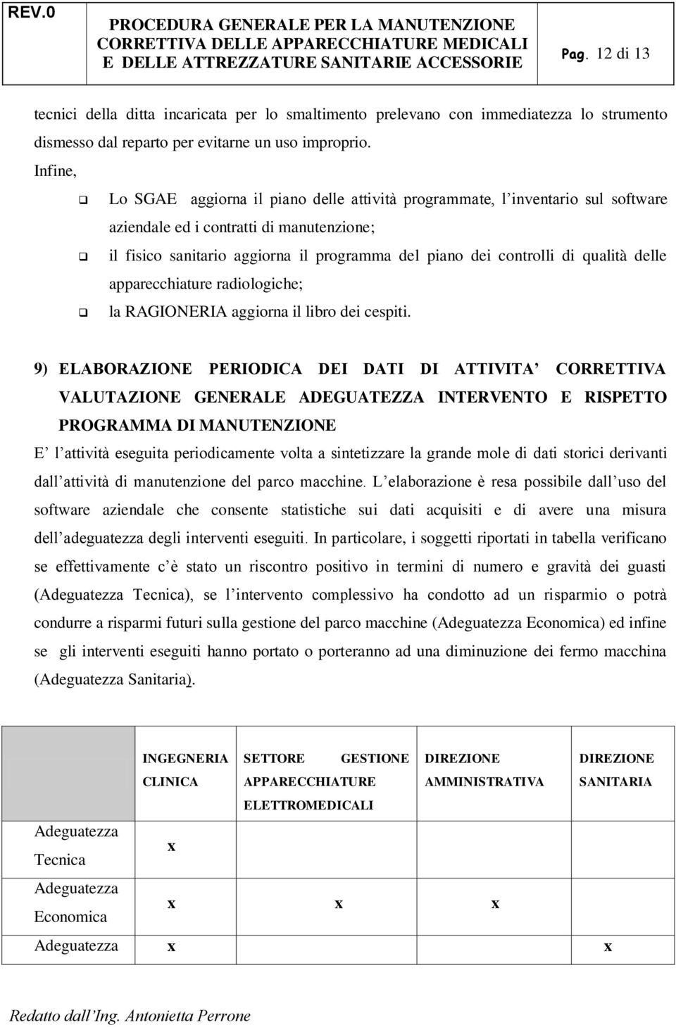 qualità delle apparecchiature radiologiche; la RAGIONERIA aggiorna il libro dei cespiti.