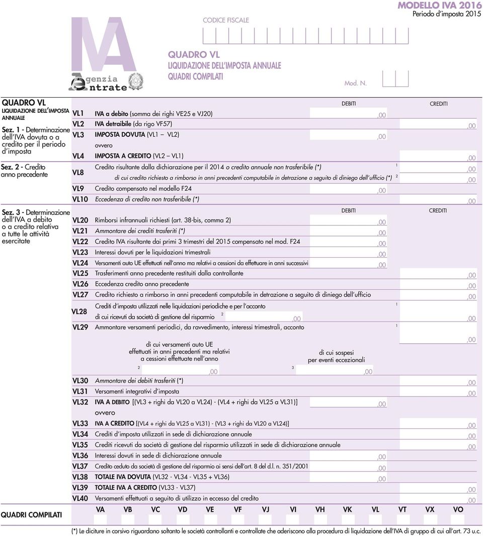 - Determinazione dell IVA a debito VL0 o a credito relativa a tutte le attività VL esercitate VL VL VL VL VL QUADRI COMPILATI VL8 VL VL0 VL7 VL8 VL VL0 VL VL VL VL VL VL VL7 VL8 VL VL0 DEBITI CREDITI